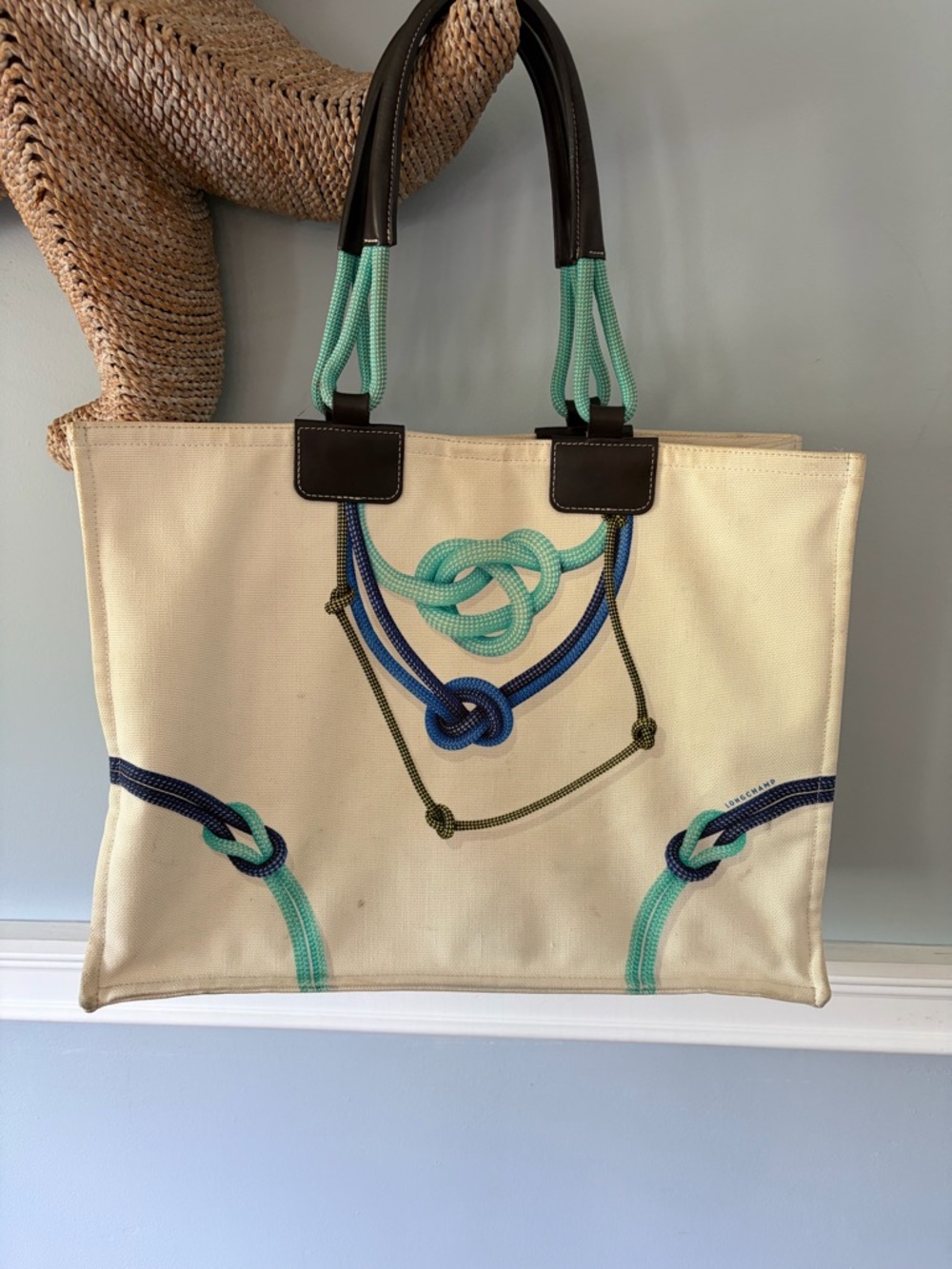 Longchamp Canvas Tote Bag with Rope Knot Design in Cream and Teal - Picture 3 of 6